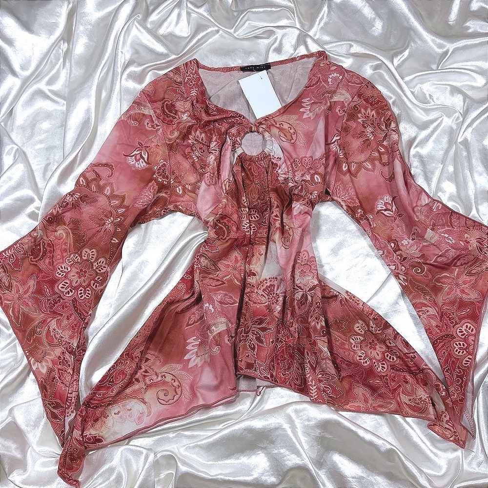 y2k Blouse Pink NEW Paisley Mesh O-Ring Bell Sleeve Sharkbite Hem Top